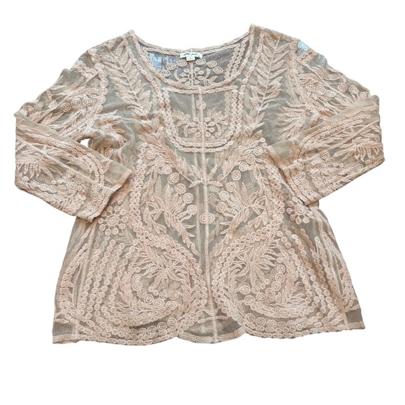 Ultra Pink Tops - Ultra Pink Blouse Womens Pink Sheer Mesh Floral Embroidered Lace Top S